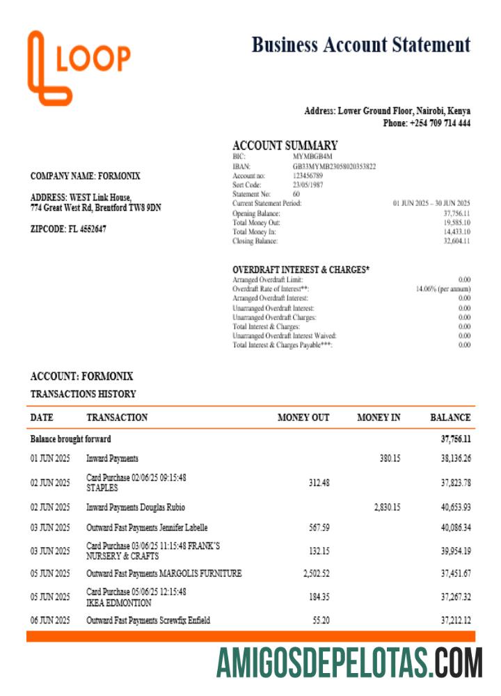 Kenya Loopa Bank Business Firm Account Statement Word Snd PDF Format amostra